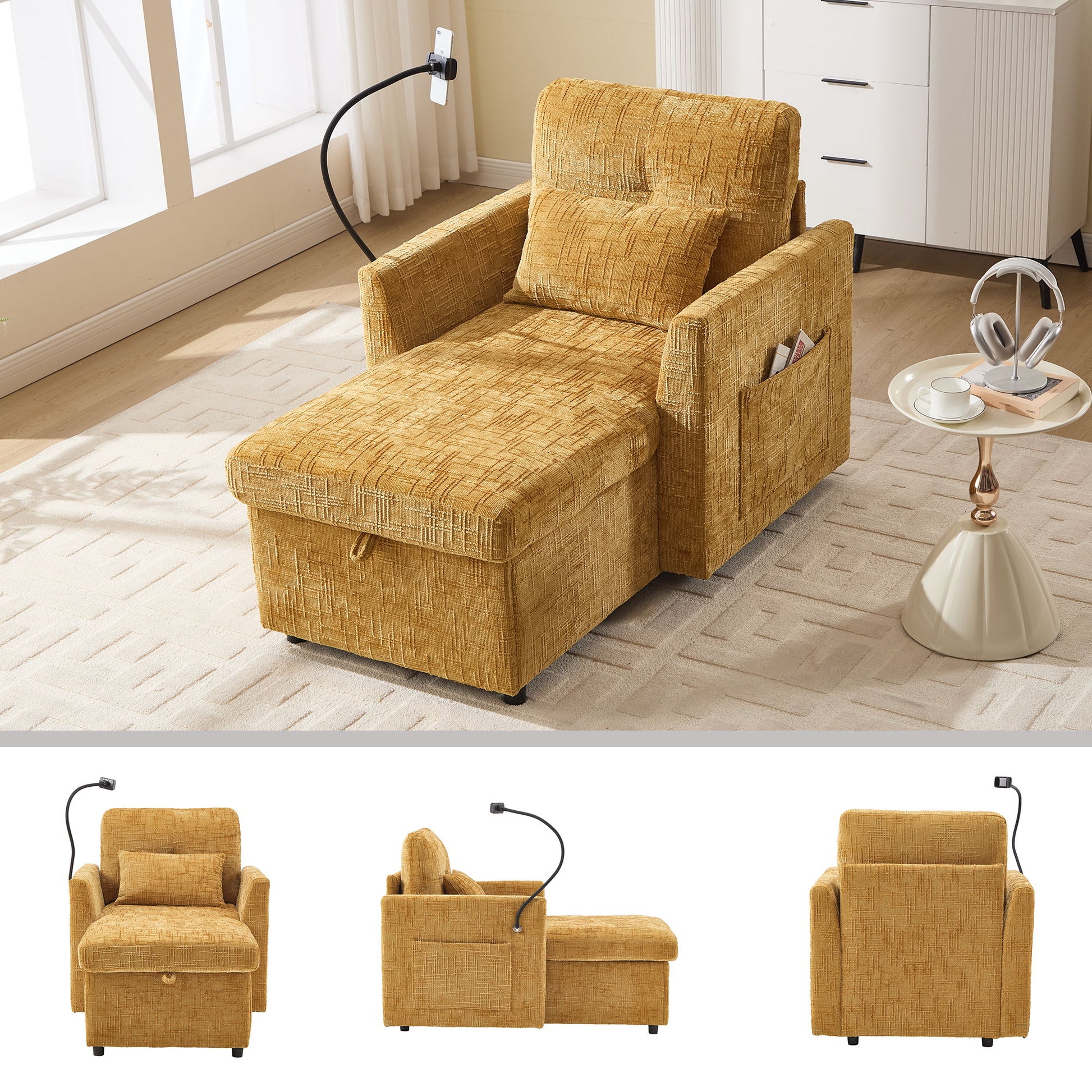 Multifunctional Chenille Recliner Sofa With Storage And Phone Bracket