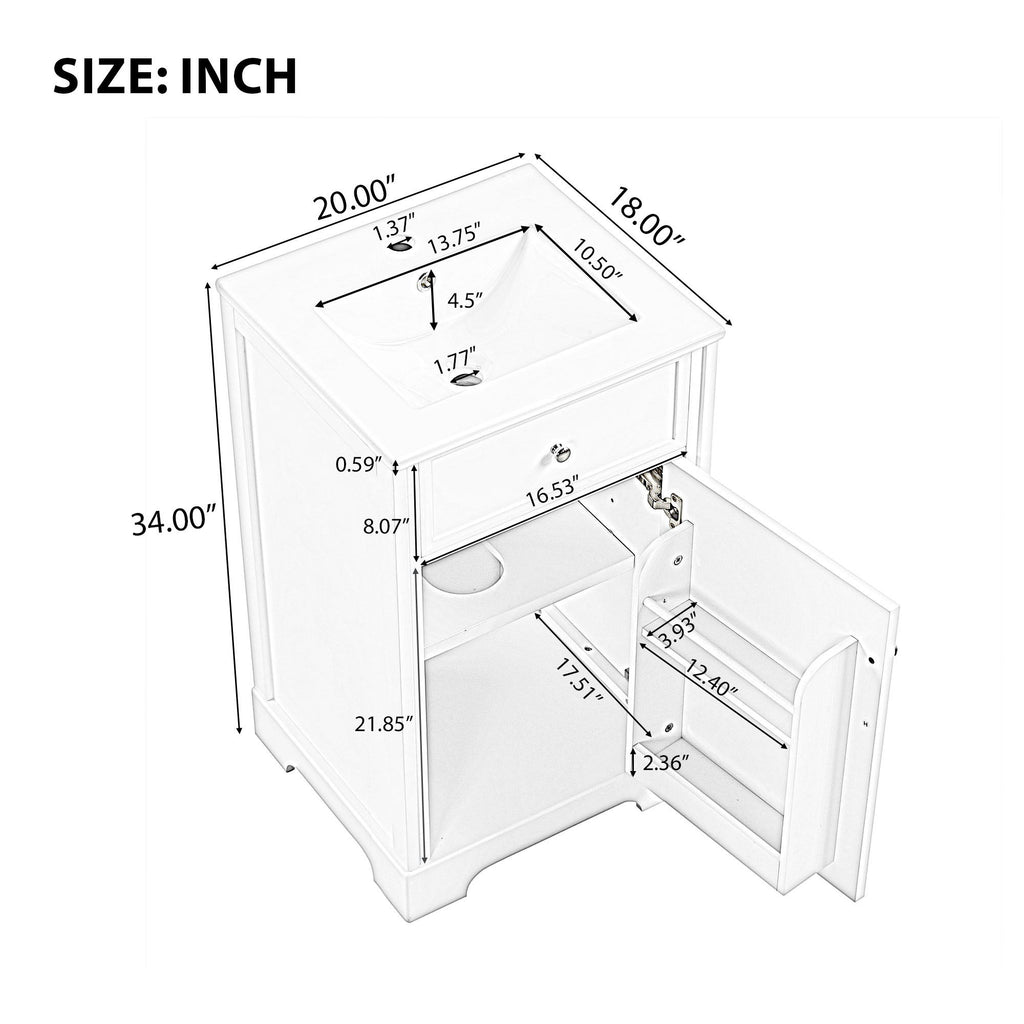 20" Bathroom Vanity With Sink, Soft Closing Cabinet Door, Adjustable Shelf & Storage Rack - White