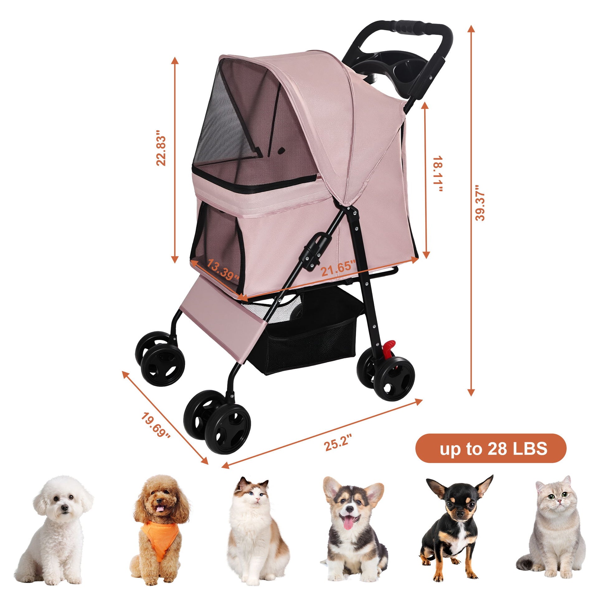 Foldable Pet Stroller For Small Dogs And Cats With Multi Functional Tray
