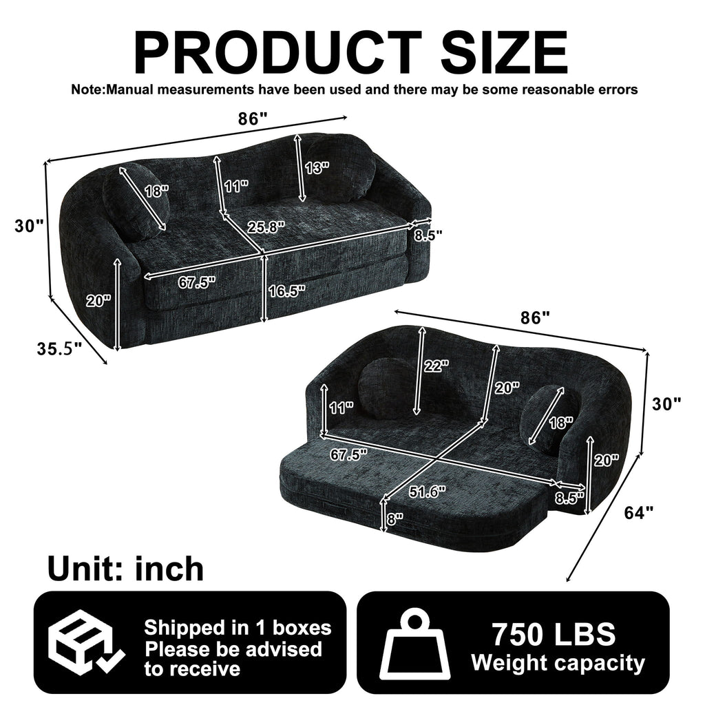 Curved Convertible Sofa, 2 In 1 Frameless Folding Sofa Bed With Pull Out Base And Deep Seat
