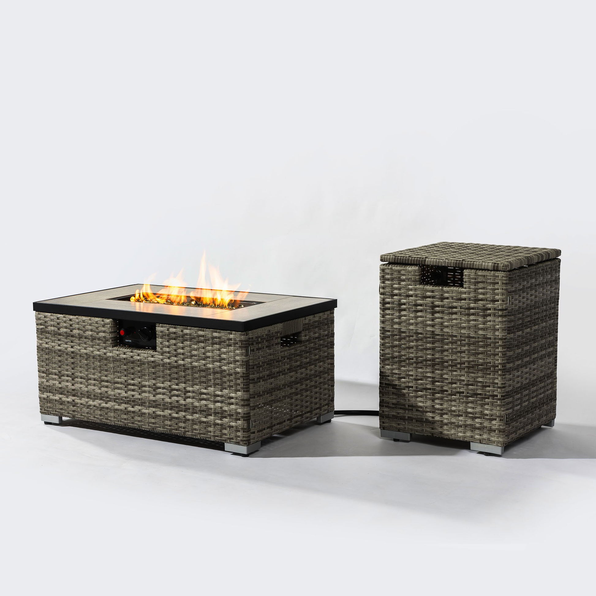 32" Propane Gas Fire Pit Table With Propane Tank Cover, 50000 Btu Rectangular Steel Fire Pit With Beautiful Wicker Base