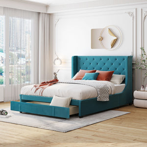 Queen Size Storage Upholstered Platform Bed With Wingback Headboard And A Big Drawer - Blue