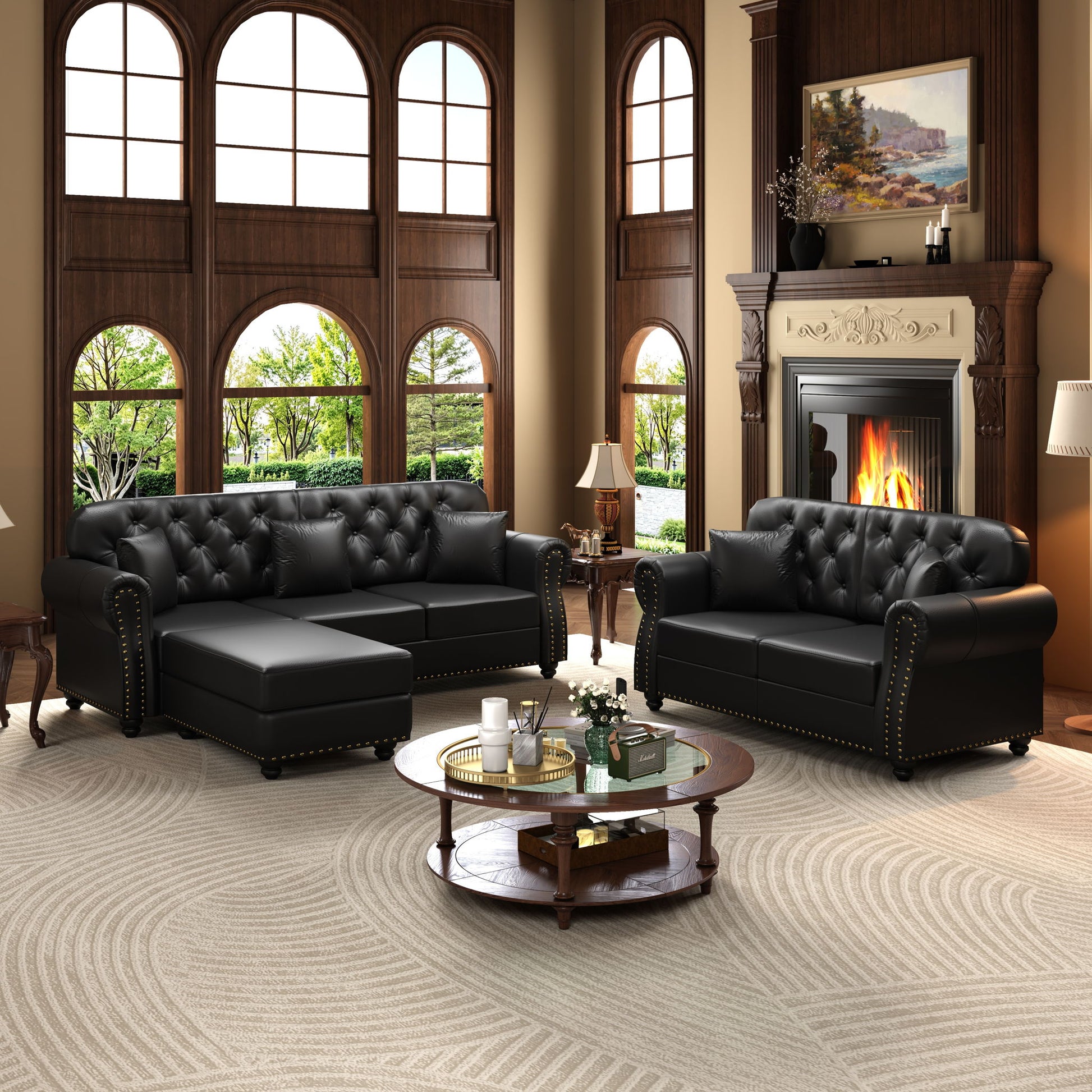 Upholstered Sofa With Nailhead Trim, Rolled Armrests With Ottoman