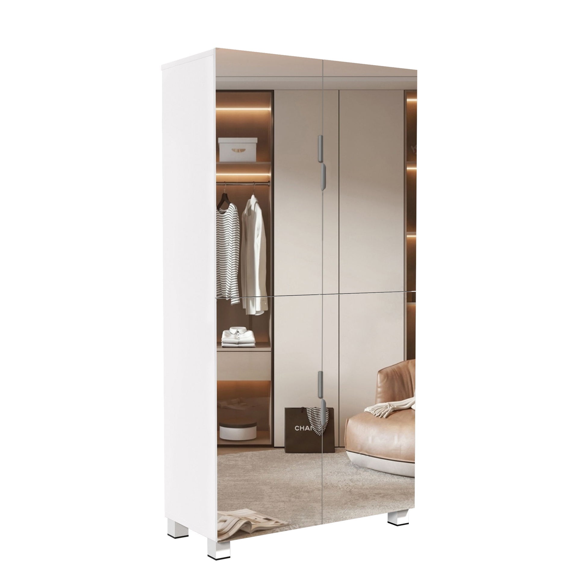 Shoe Cabinet With 4 Mirror Doors 50" Tall Entryway Storage, 8 Adjustable Shelves, Holds 24 32 Pairs (Size 15), Dust Proof Closet For Hallway / Apartment, Ventilation Holes - White