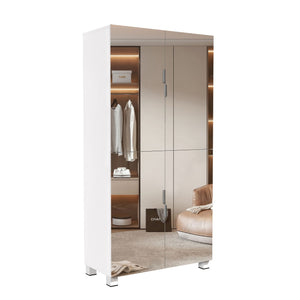Shoe Cabinet With 4 Mirror Doors 50" Tall Entryway Storage, 8 Adjustable Shelves, Holds 24 32 Pairs (Size 15), Dust Proof Closet For Hallway / Apartment, Ventilation Holes - White