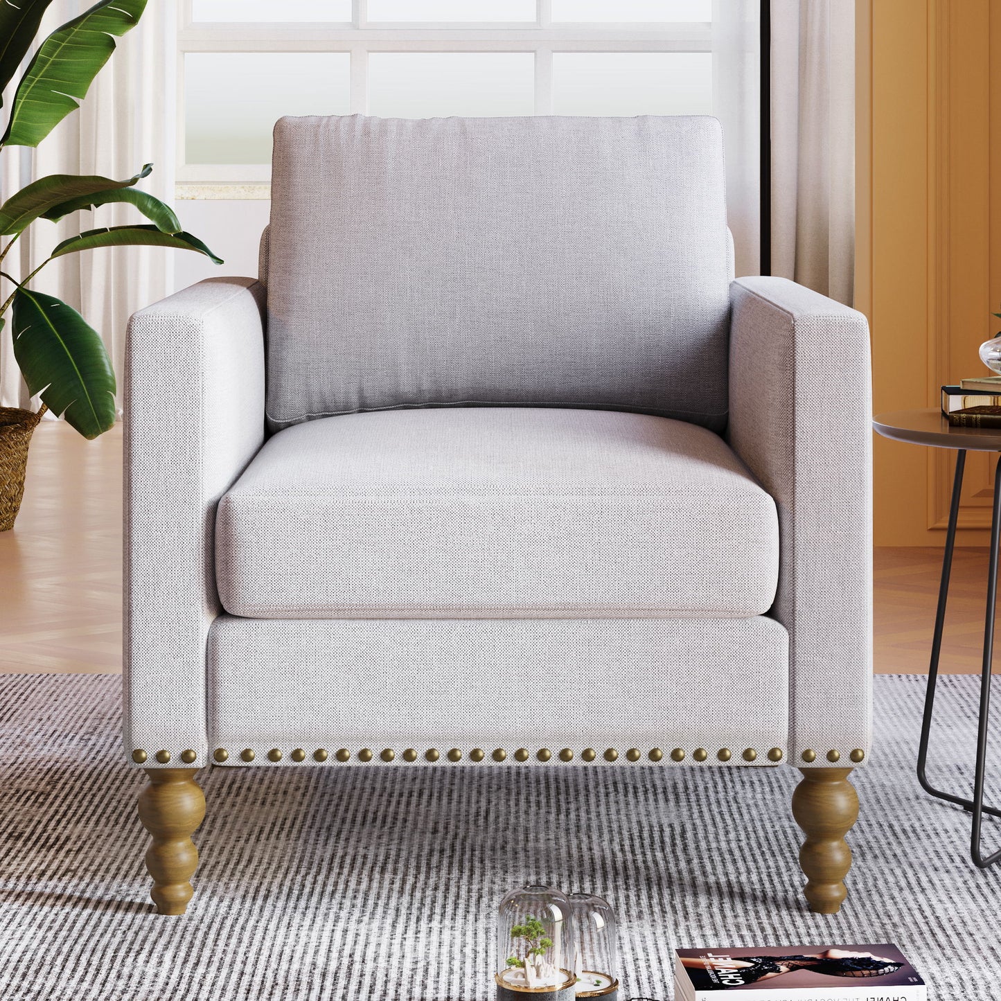 Gewnee - Armchair With Nailhead Trim And Legs - Beige