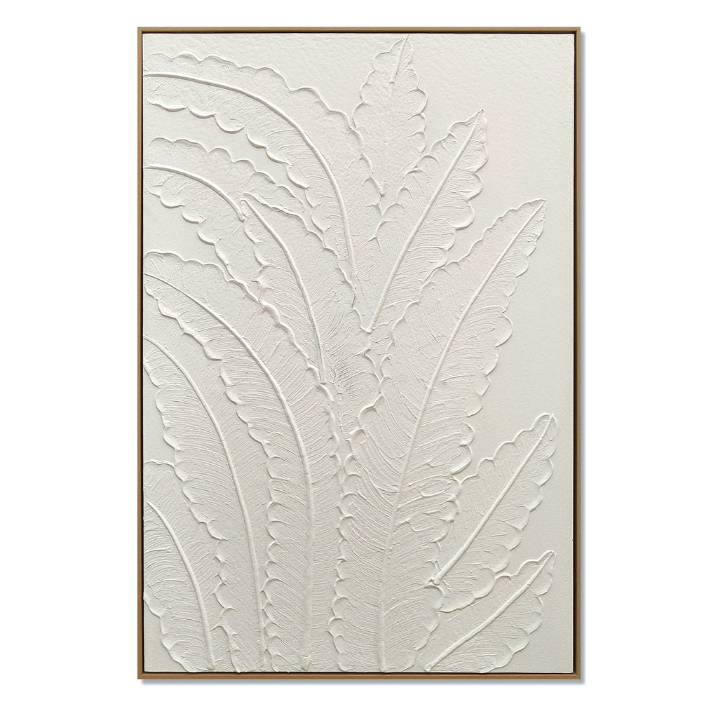 Framed Botanical Leaf Wall Art, Thick Textured Canvas Painting, Neutral Decor For Living Room - White