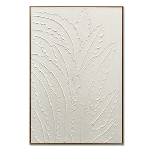 Framed Botanical Leaf Wall Art, Thick Textured Canvas Painting, Neutral Decor For Living Room - White