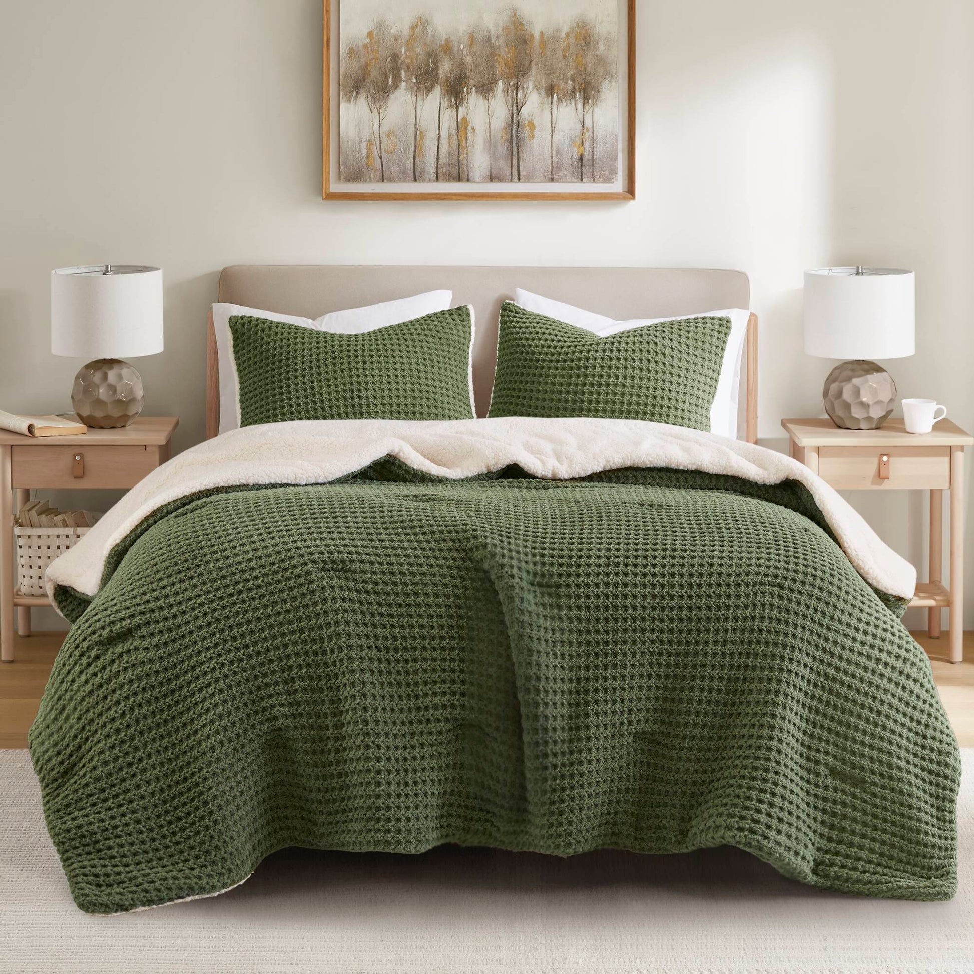 Riordan - Full/Queen Waffle Knit Comforter Set - Olive