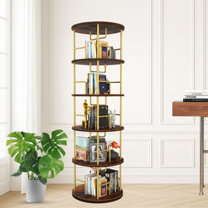 5 Tier 360 Rotating Bookshelf, Display Round Floor Standing Swivel Bookcase For Bedroom - Golden