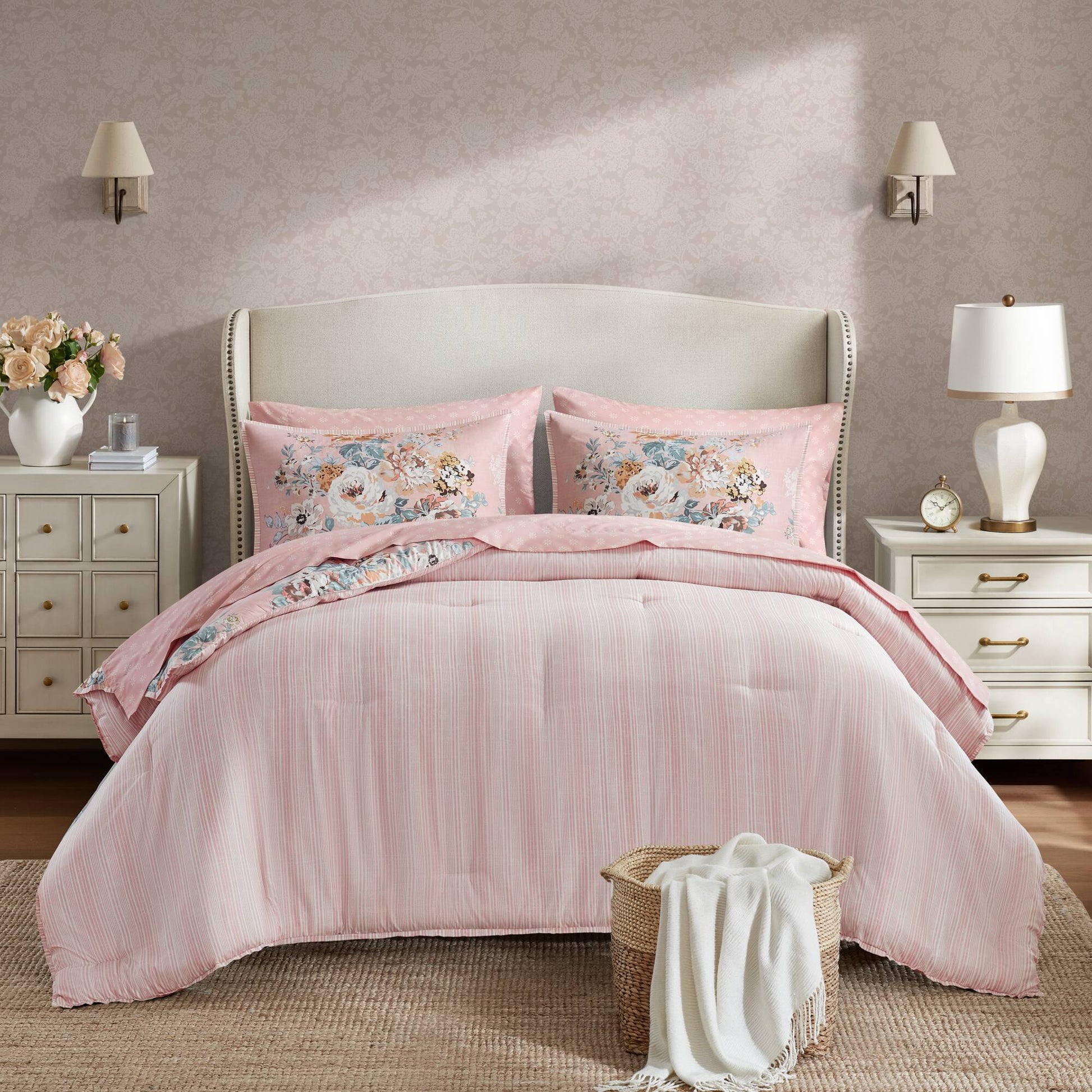 Heather - Full 7 Piece Vintage-Inspired Floral Print - Pink