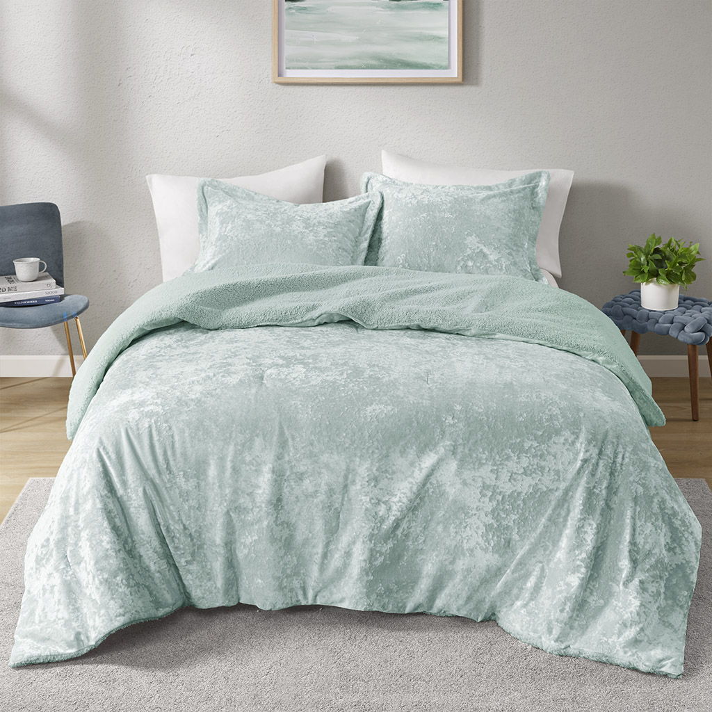 Mira - 3 Piece King/California King Crushed Velvet Sherpa Reversible Comforter Set - Aqua