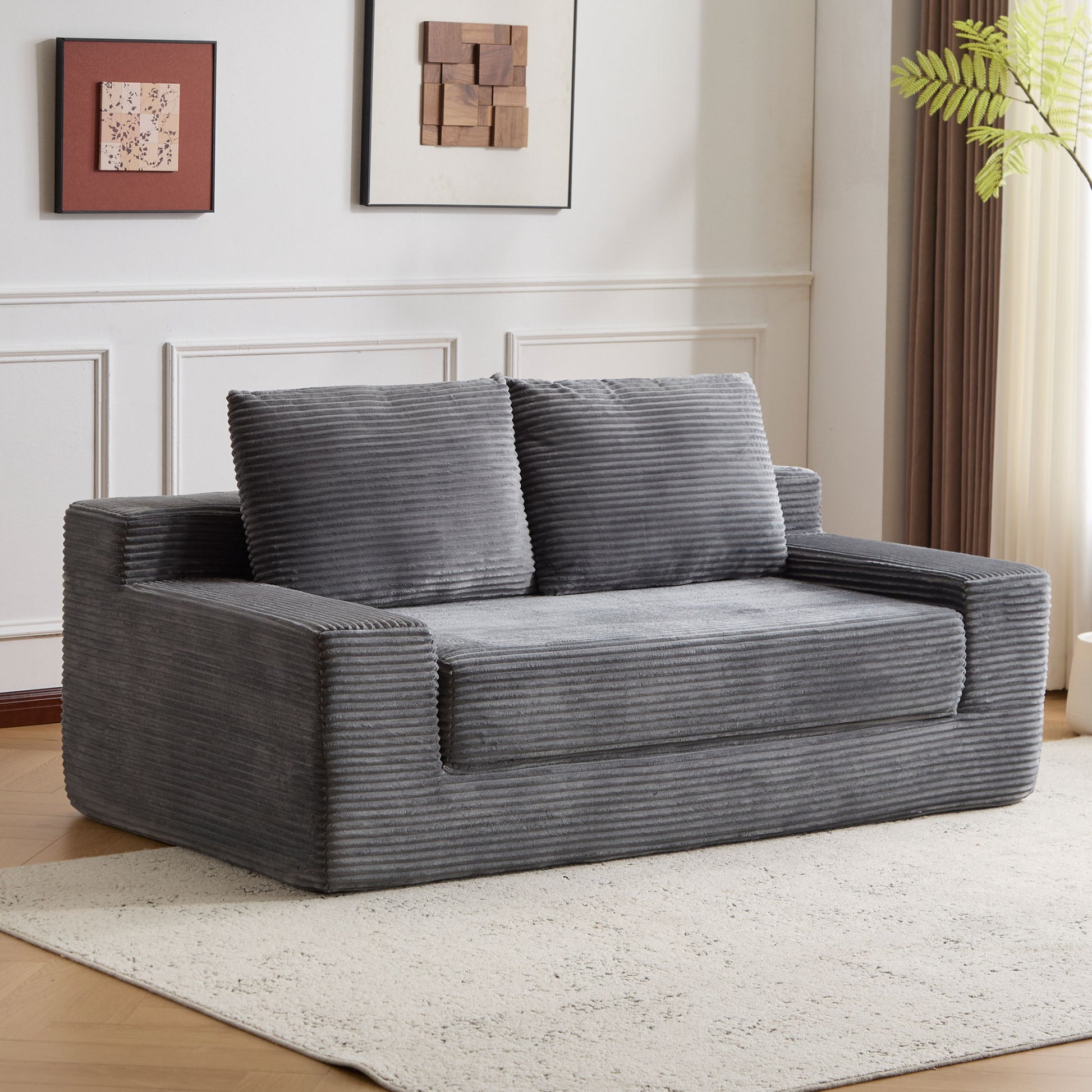 Loveseat Sofa, Comfortable Deep Seat Sofa Bed, Modern Small Corduroy Couch For Living Room Bedroom,Reversible Cushion With Pillows,No Assembly Required,Dark Gray