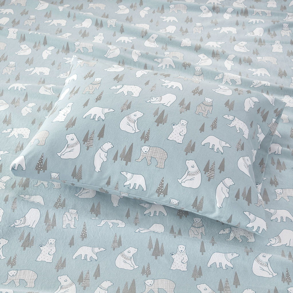 Cozy Flannel - King Printed Sheet Set - Blue Polar Bears
