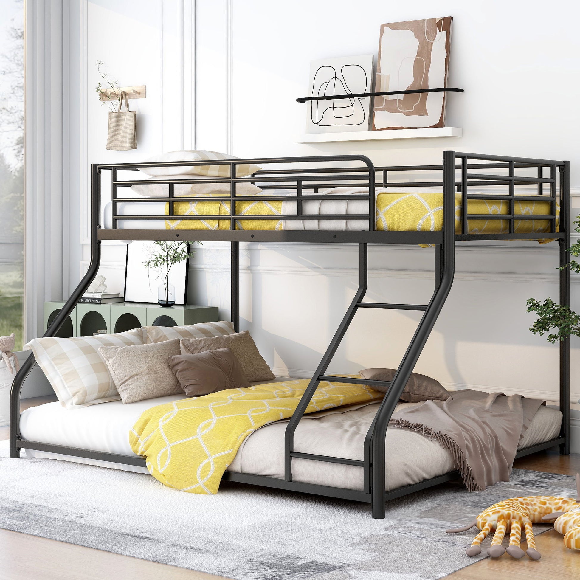 Metal Floor Bunk Bed With Sloped Ladder, Space Saving Design