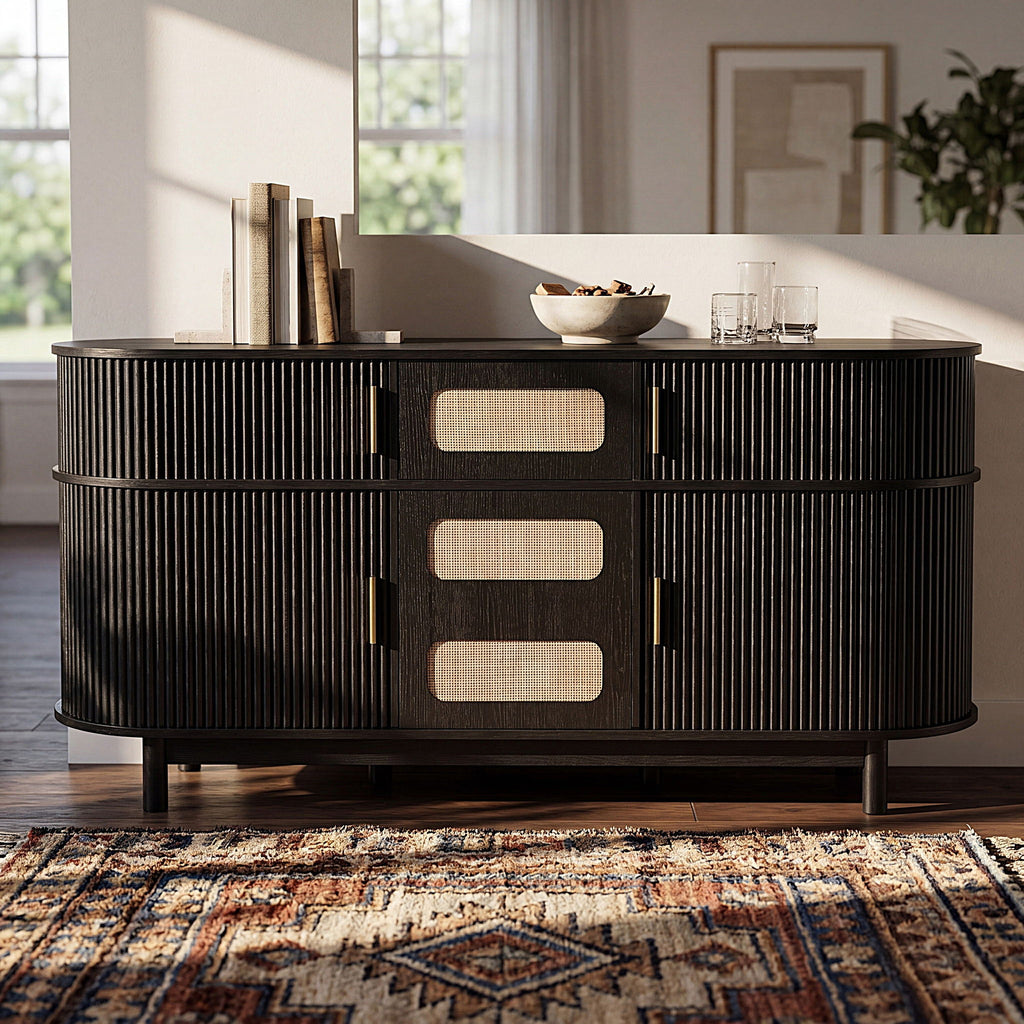 Fluted Sideboard Buffet Cabinet With Sliding Doors And Adjustable Shelves