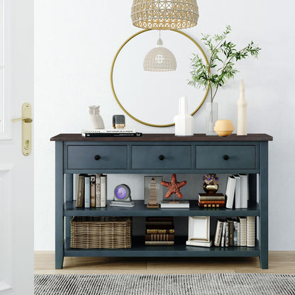 Retro Design Console Table With Two Open Shelves, Pine Frame And Legs For Living Room