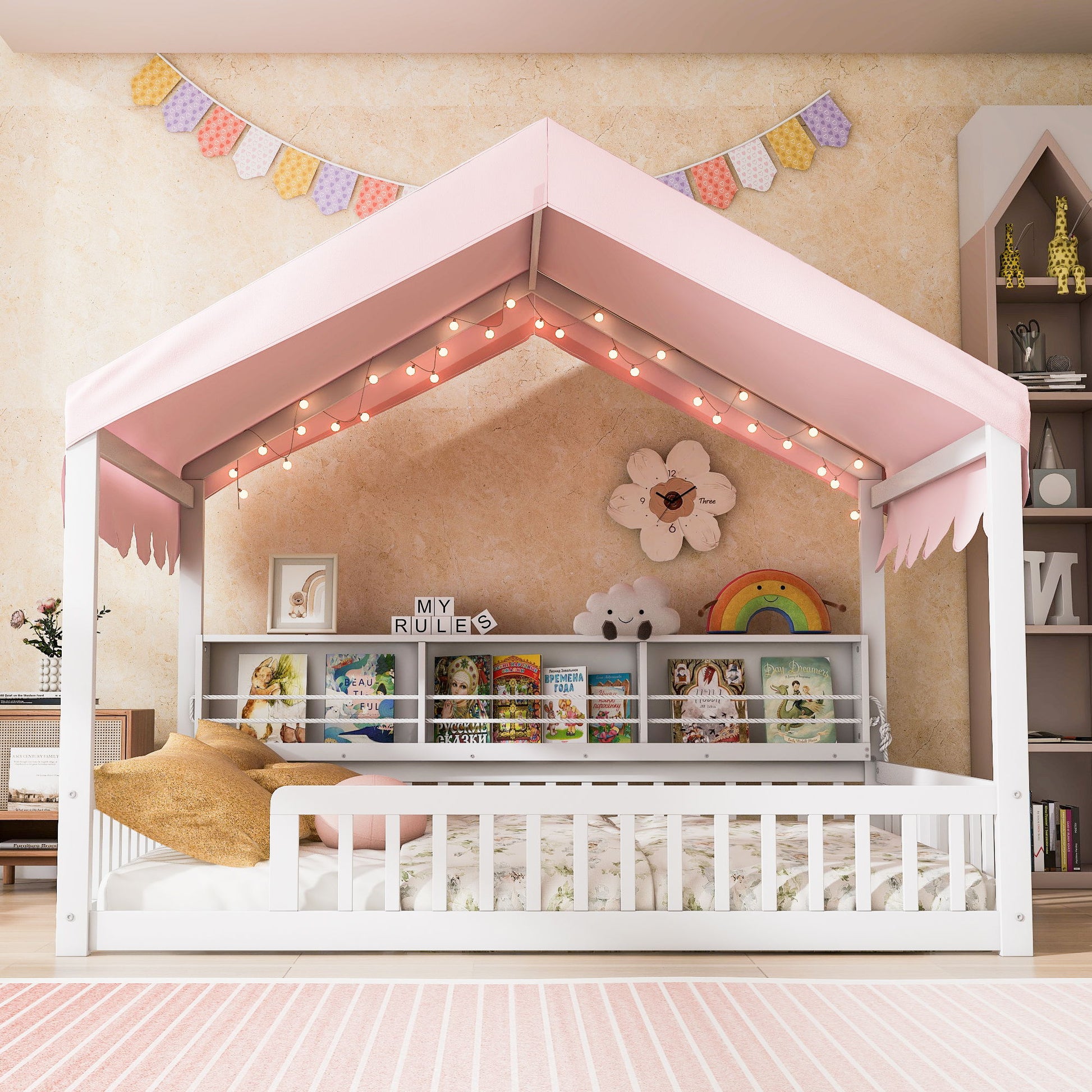 House Shaped Floor Bed With Fense, 3 Storage Bookshelves, Curtain And LED Light