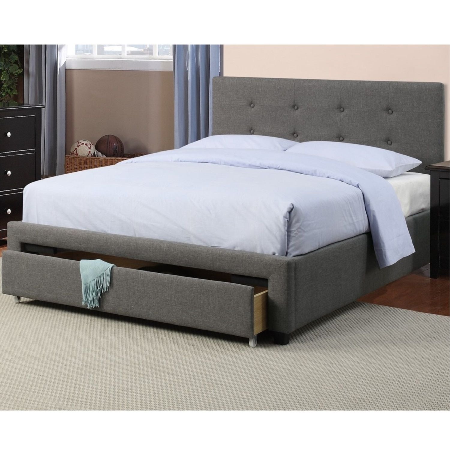 Bed With Tufted Headboard And Storage Drawer