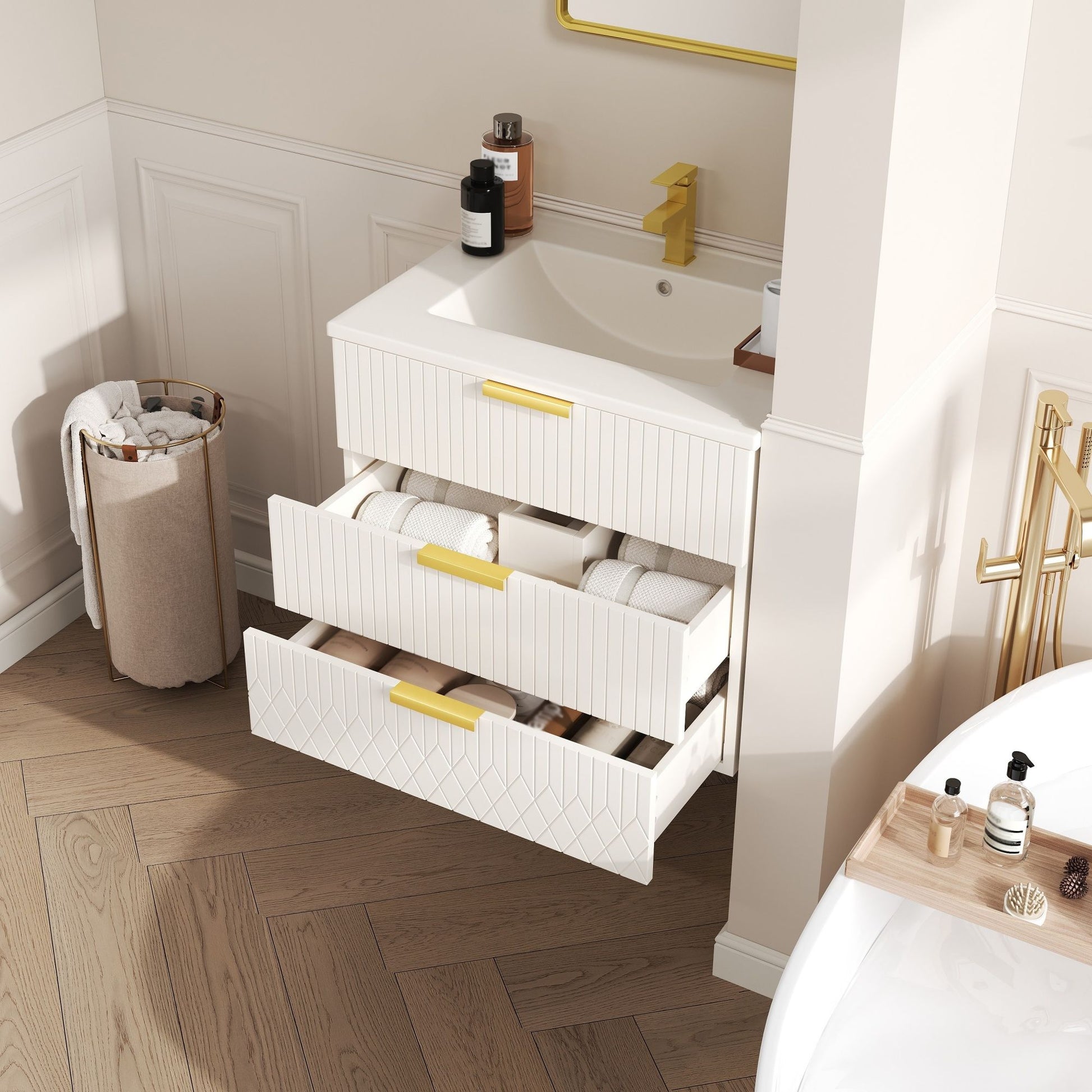 Wall Mounted Floating Cabinet With Double Drawer, Rectangular Sink