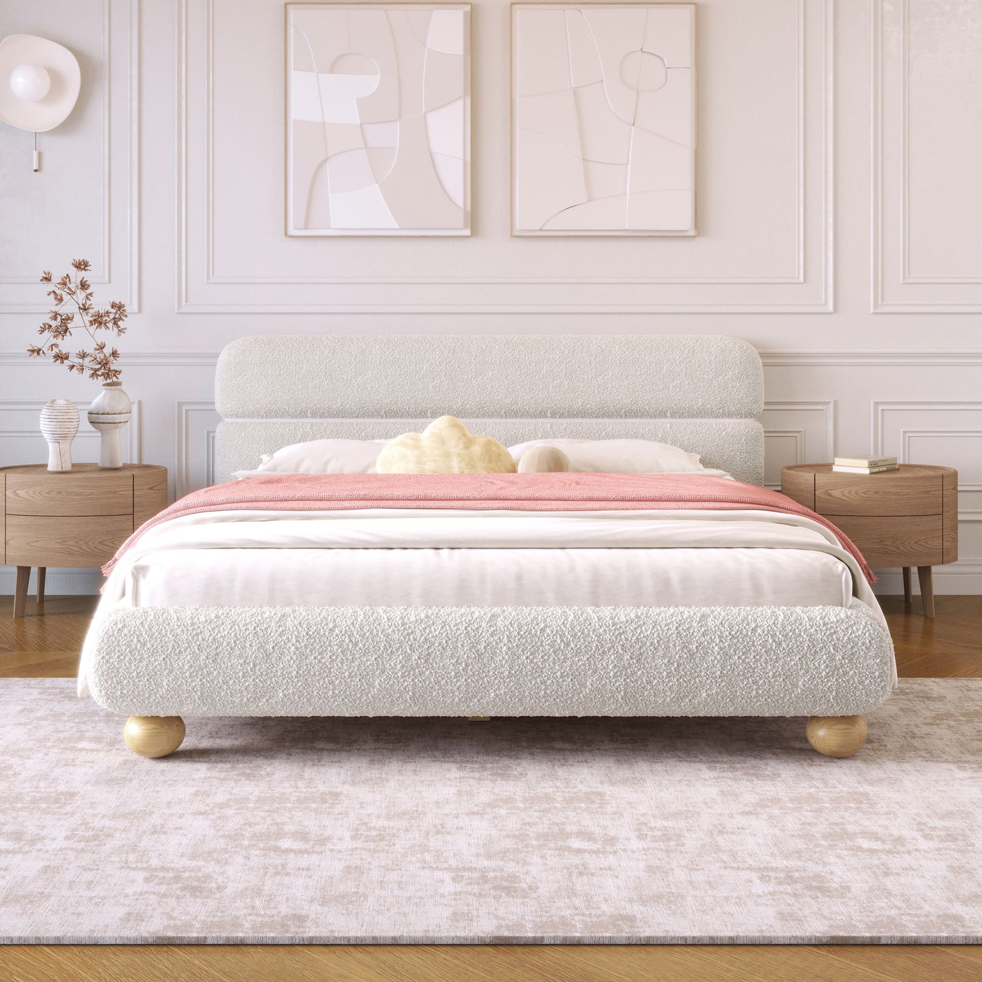 Queen Size Low Profile Upholstered Bed - White