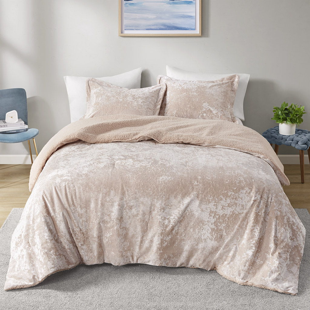 Mira - Crushed Velvet Sherpa Reversible King Comforter Set - Blush