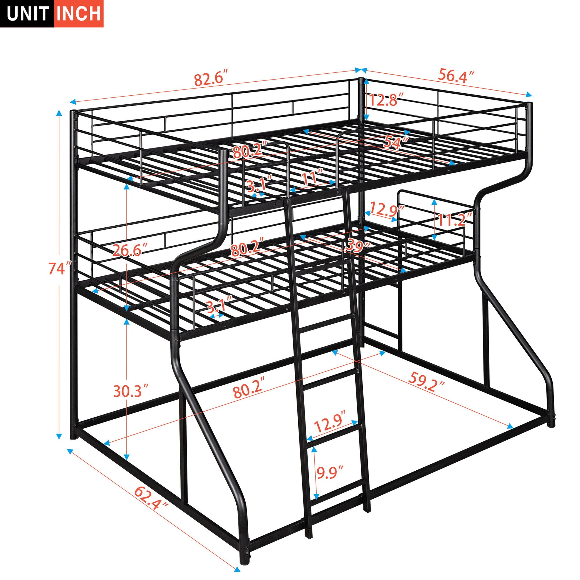 Industrial Triple Bunk Bed With Dual Ladders Frame, Space Saving Design