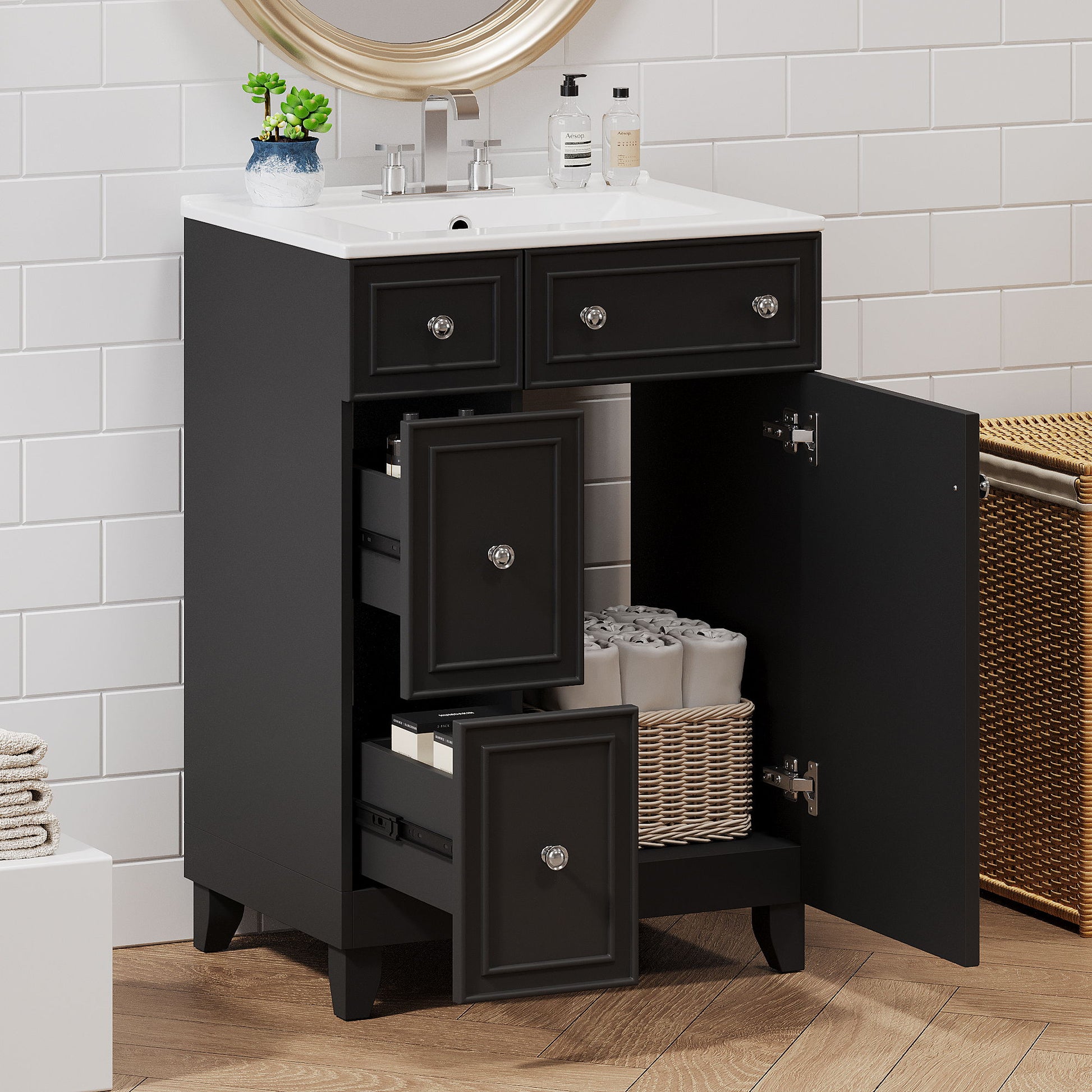Transitional Style Bathroom Vanity Cabinet With Ceramic Sink