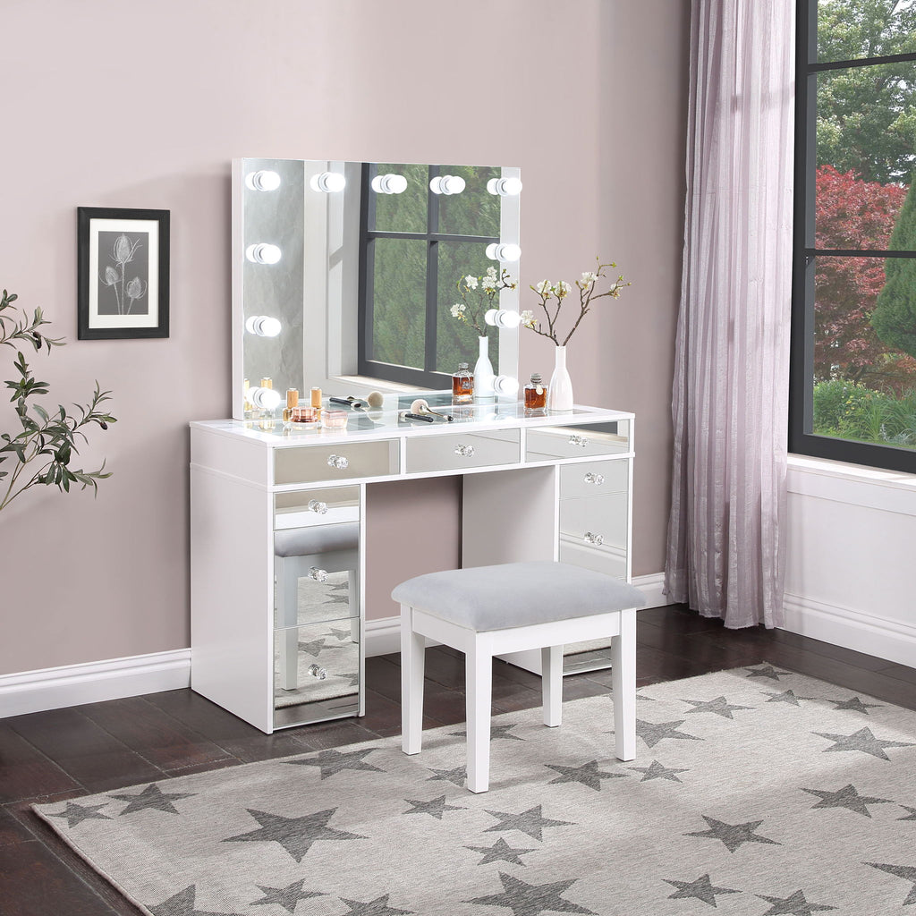 Winona - Makeup Vanity Set With Bulb Lit Mirror And Upholstered Stool - White