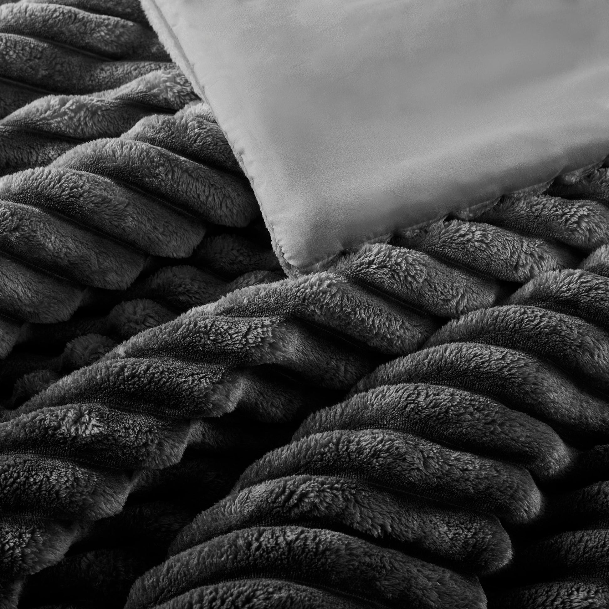 Avril - Twin/Twin Long Fluffy Ribbed Plush Comforter Set - Gray Ombre