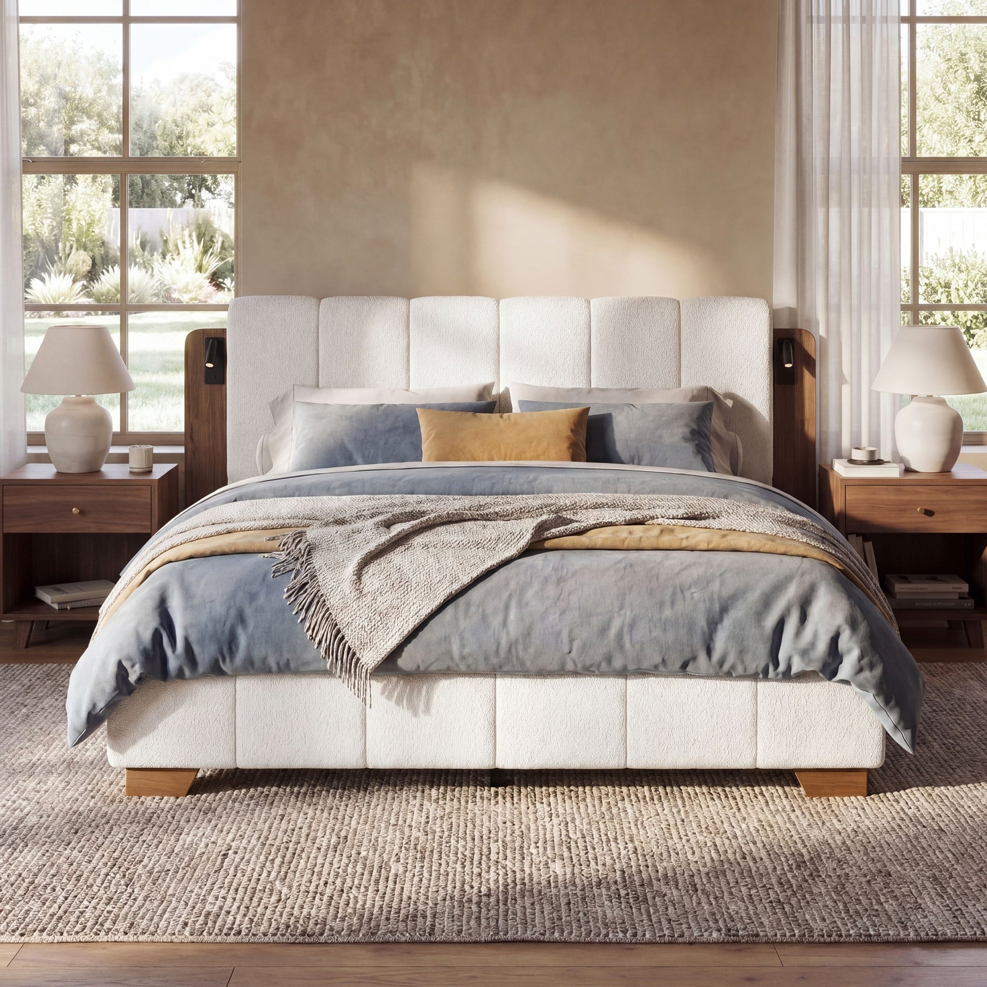 Modern Upholstered Platform Bed Frame With Built-In Reading Lights
