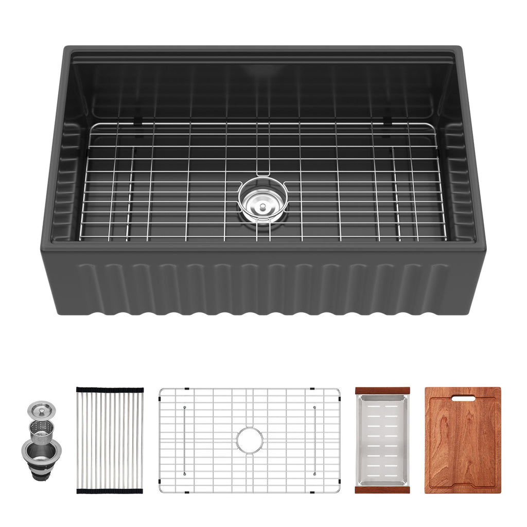 Porcelain Ceramic Farmhouse Sink Workstation With Reversible Apron Design - Single Bowl