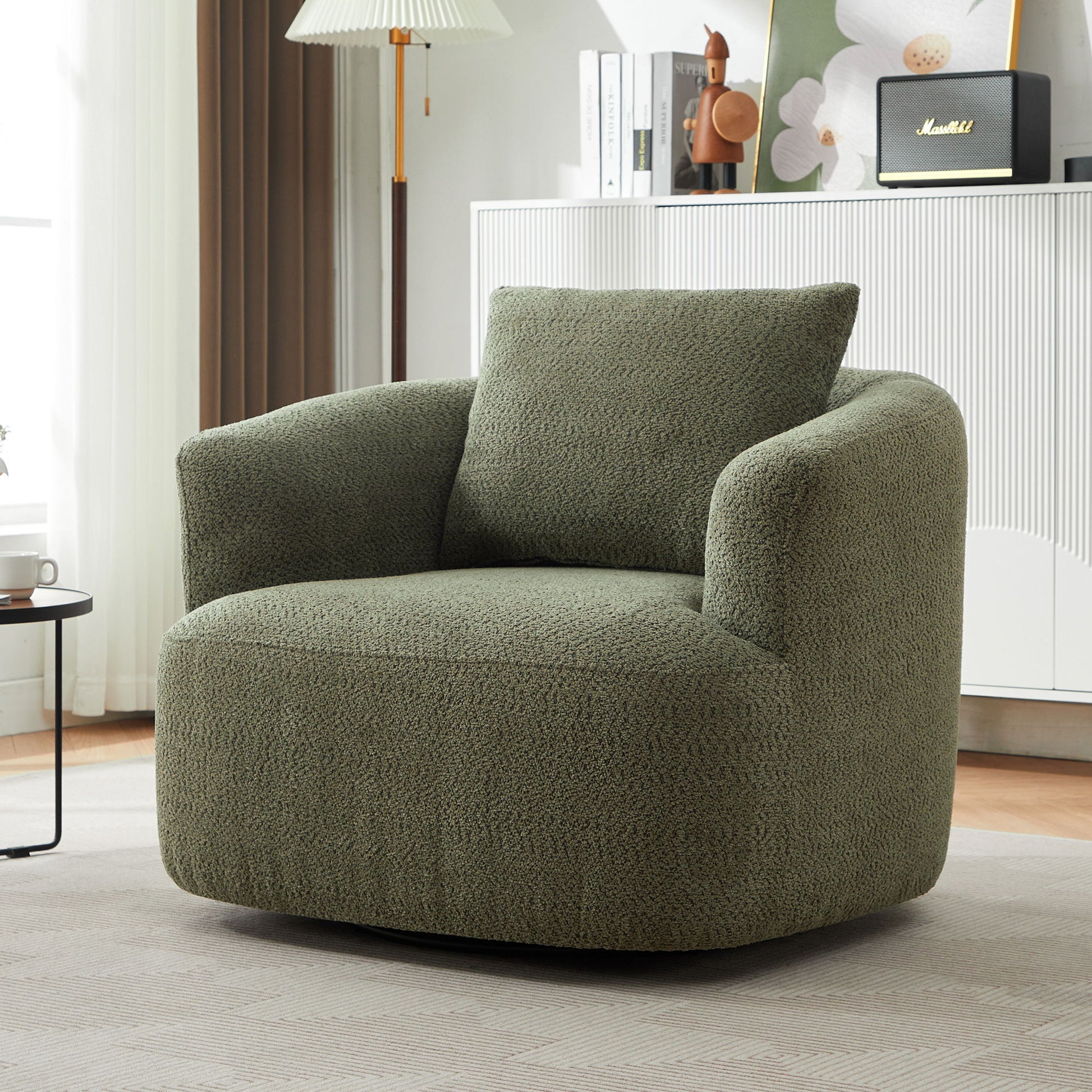 360° Swivel Barrel Sofa Chair With Throw Pillow, Chenille Upholstered Accent Chair