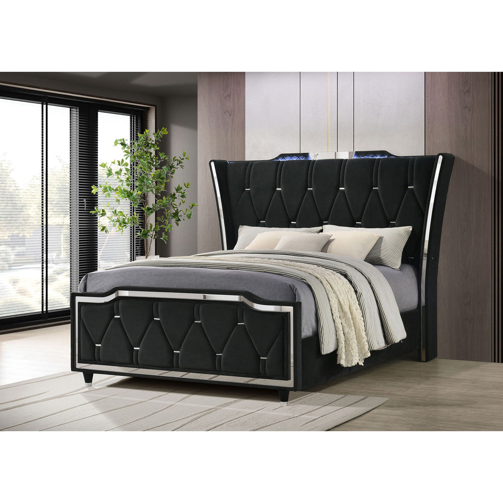 Mika - LED Upholstered Bed With Tufted Wingback Headboard And Ambient Lighting