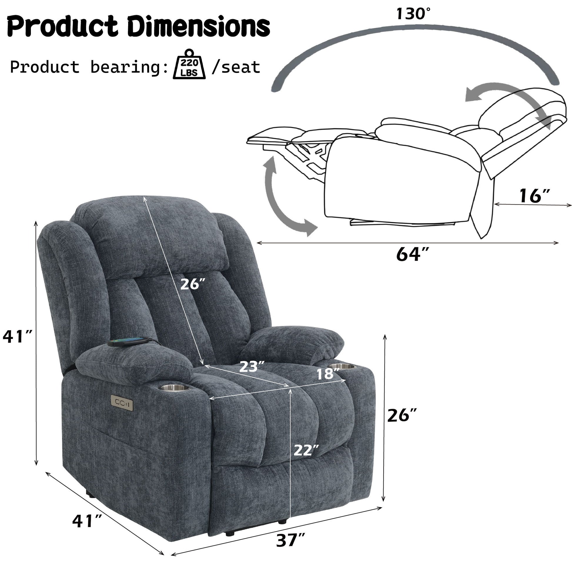 Power Motion Recliner With Lift Heating Massage Function - Blue