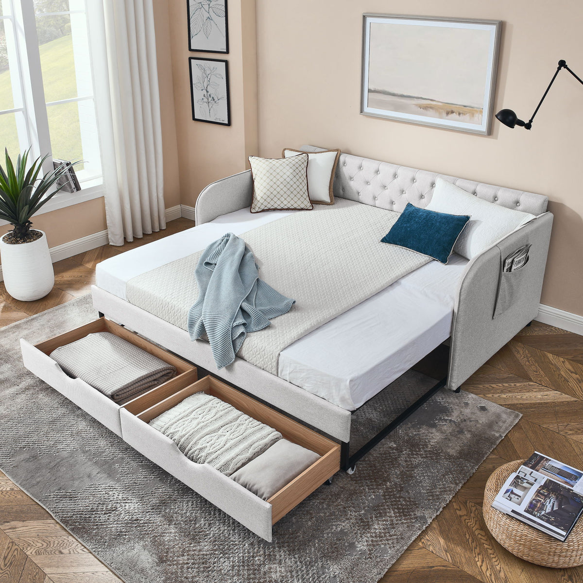 Daybed With Trundle And Storage Drawers, Flat Arms With Pocket