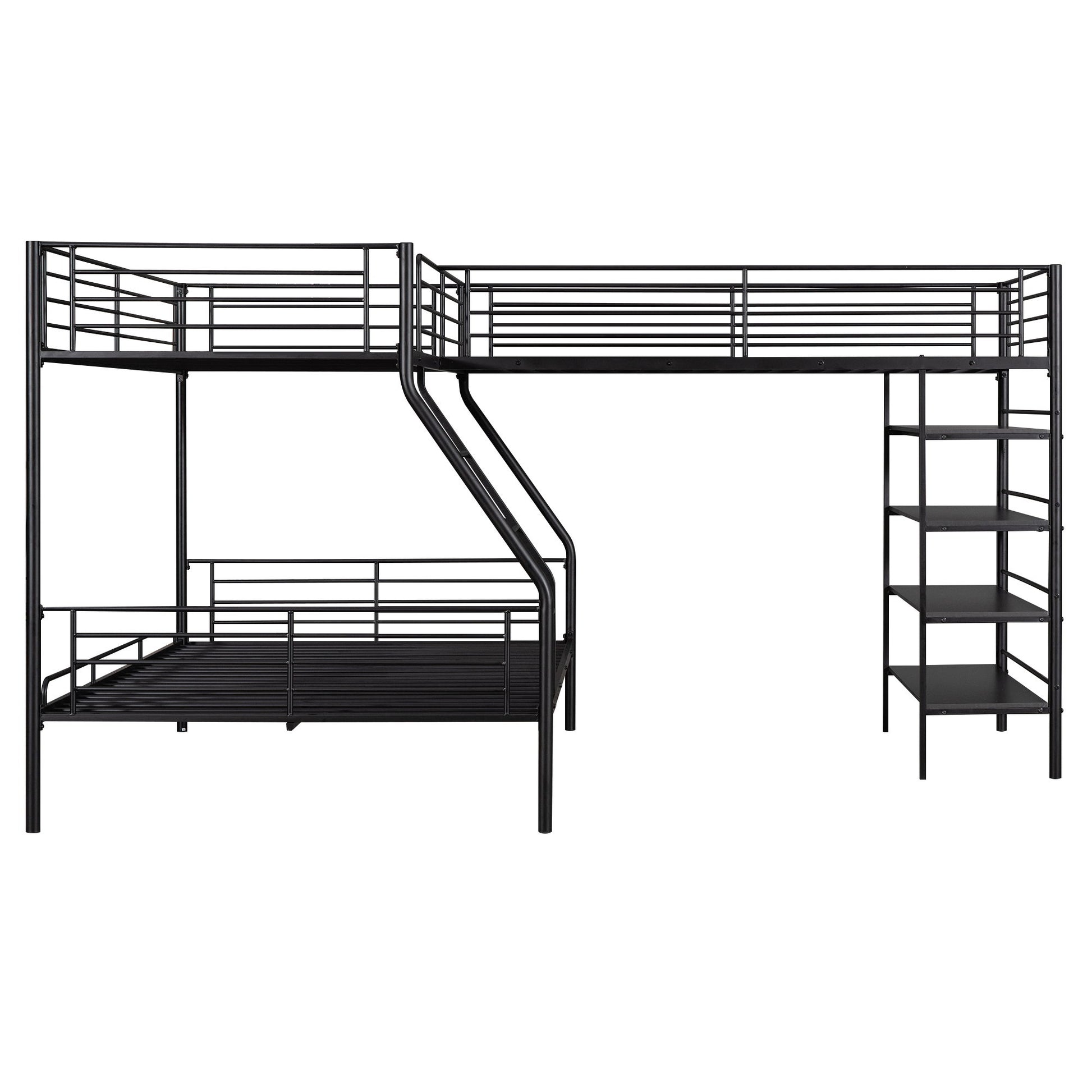 L-Shaped Twin Over Full Bunk Bed And Twin Loft Bed With 4 Built In Shelves - Black