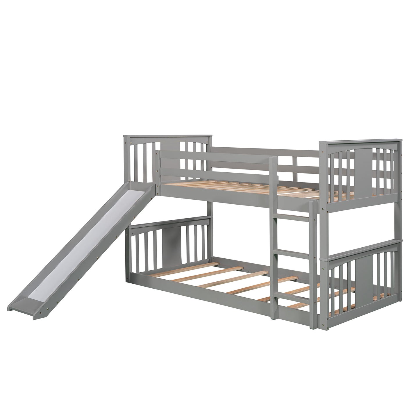 Twin Over Twin Bunk Bed With Slide And Ladder - Gray