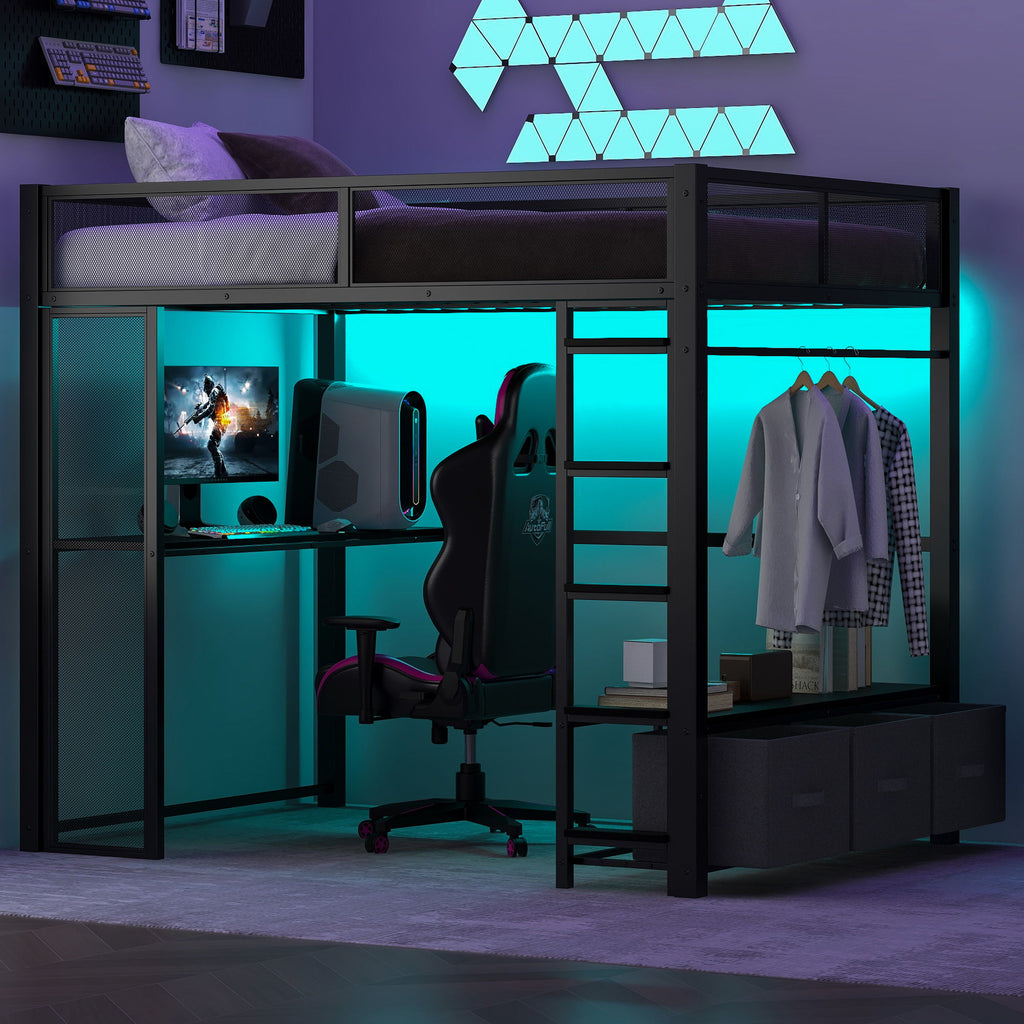 Full Size Gaming Loft Bed With LED Desk, Open Wardrobe, 3 Linen Storage Drawers - Black