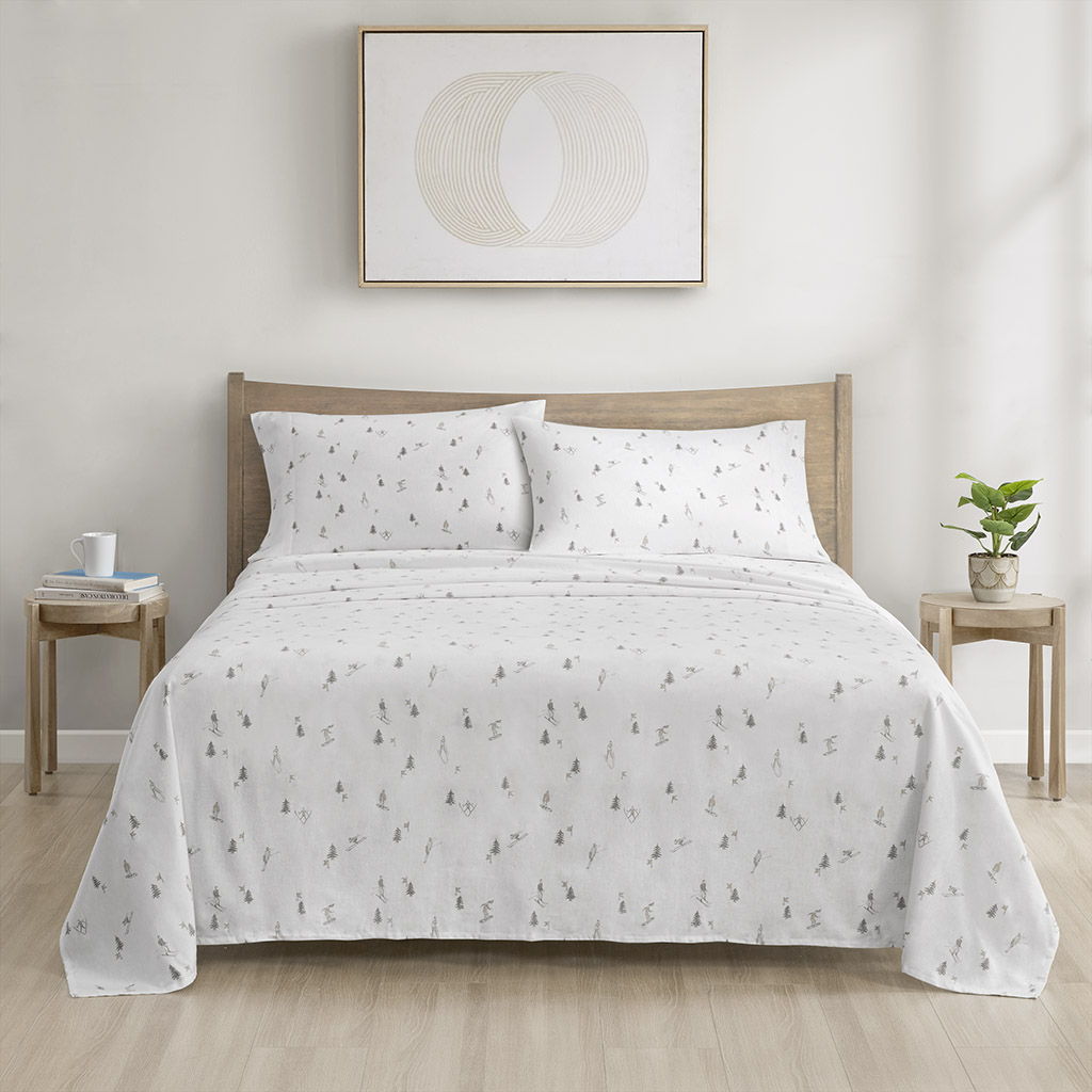 Cozy Cotton Flannel - Printed Sheet Set - Gray Skiers