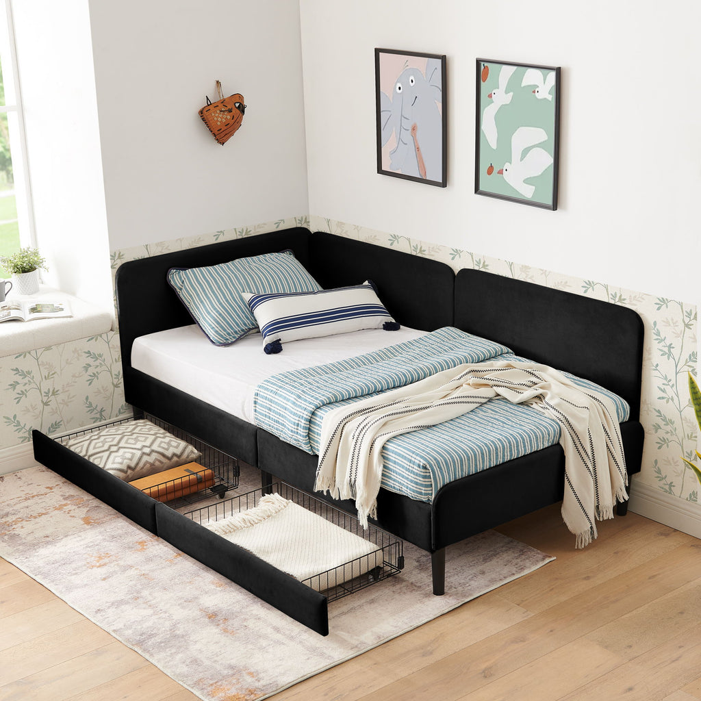 Upholstered Platform Bed Frame With 2 Storage Drawers And Adjustable Sofa Bed