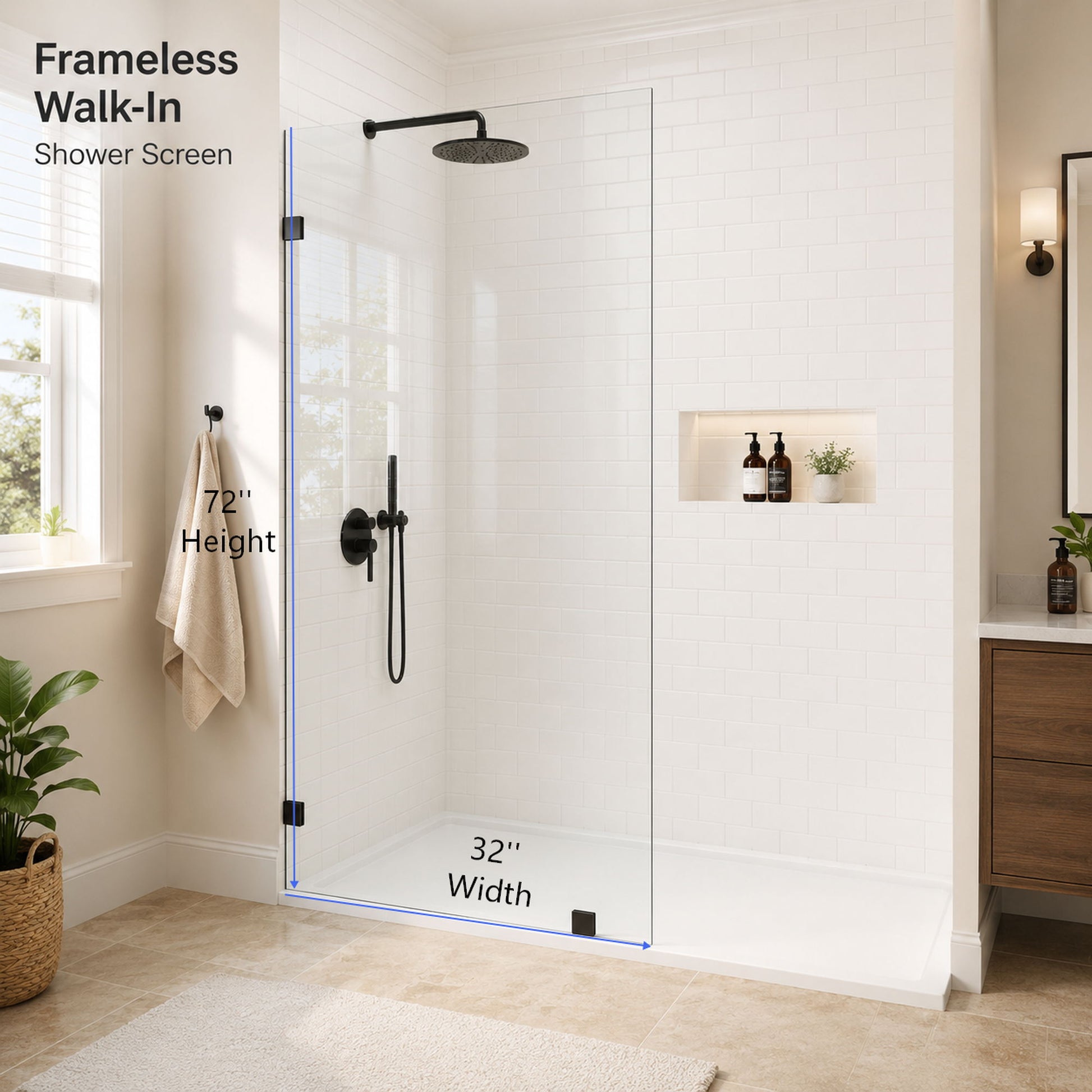 Frameless Walk-In Shower Glass Panel - Black