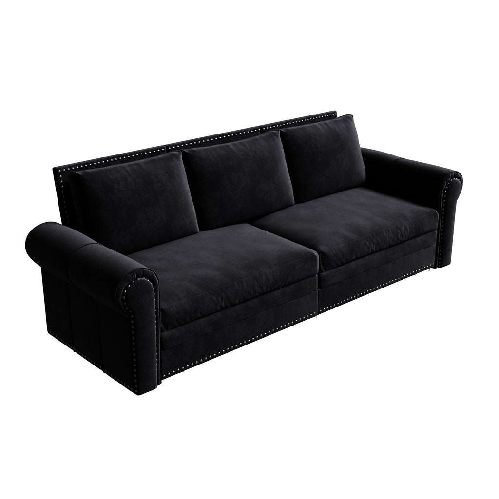 3 In 1 Convertible Sleeper Sofa With Nailhead Trim & Rolled Arm
