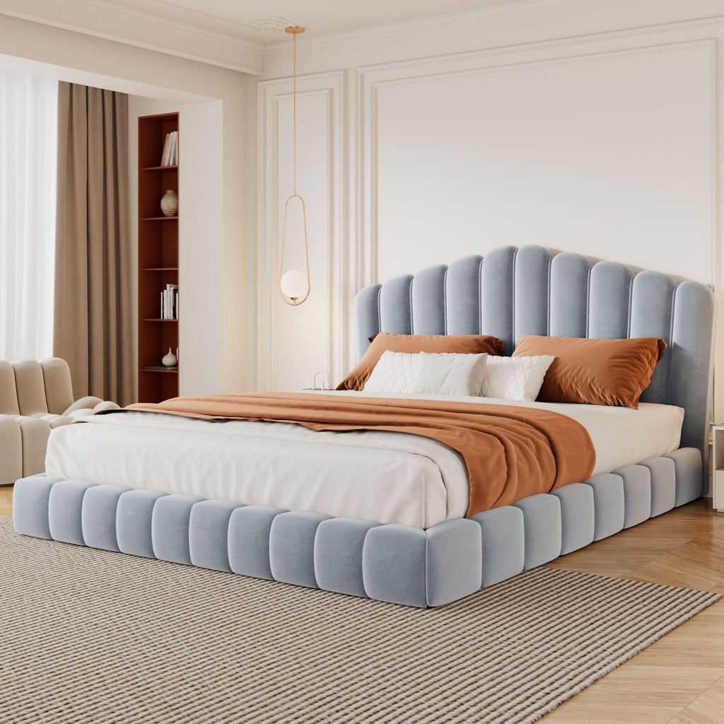 Queen Upholstered Bed Frame With Shell Shaped Headboard - Light Blue - Light Blue