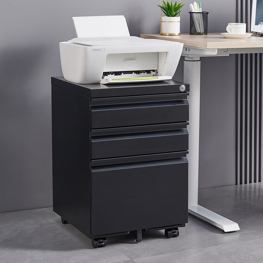 Contemporary Black 3 Drawer Mobile Filing Cabinet With Lock, Metal Office Storage For Legal / Letter Size