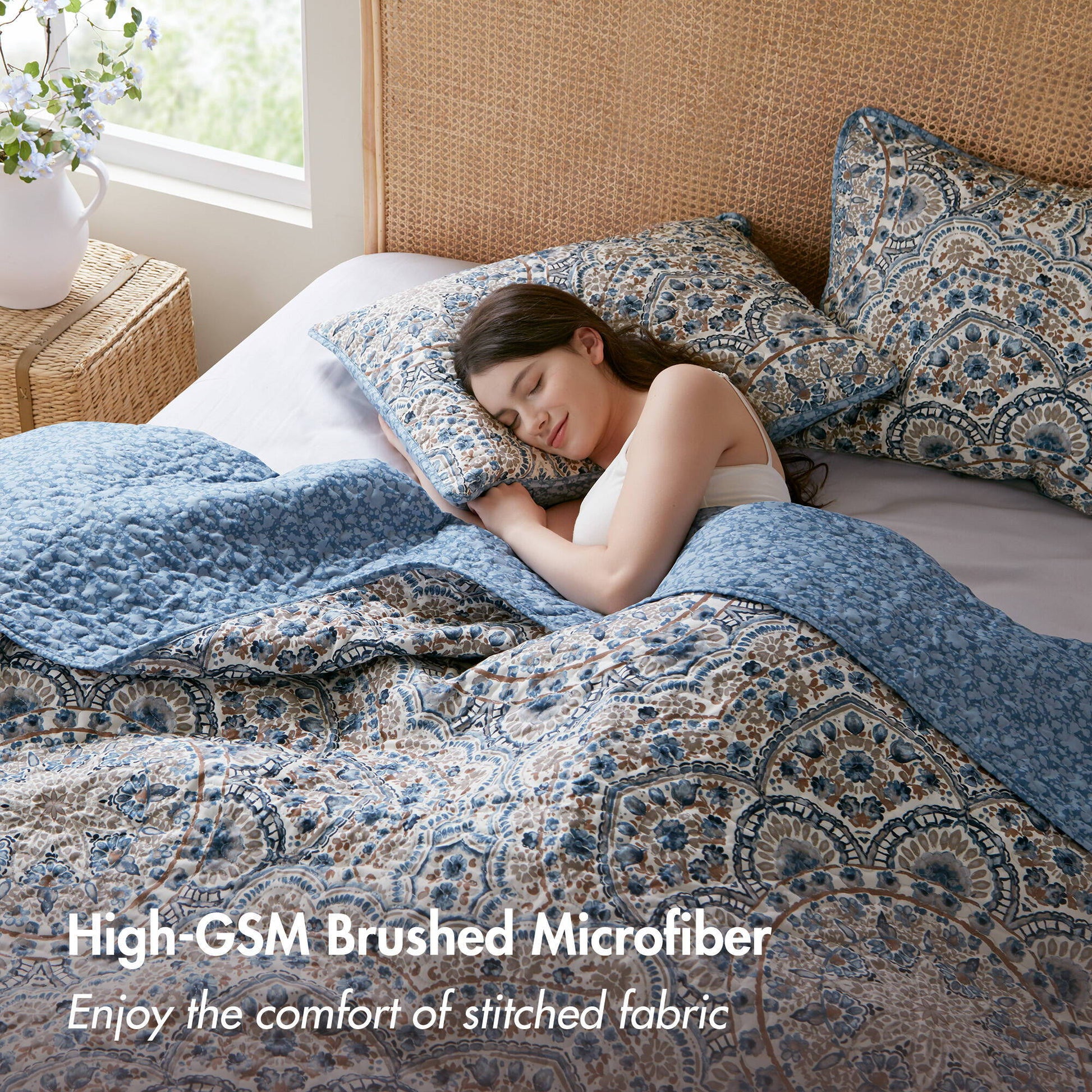 Valerie - King Boho Floral Reversible Quilt - Blue