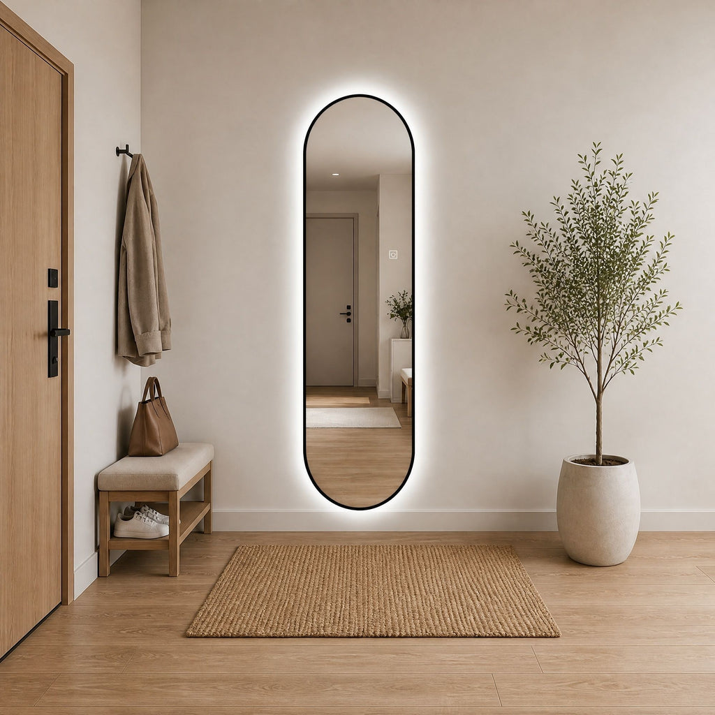 Capsule Shaped Dimmable LED Full Length Wall Mirror With Frame - Silver