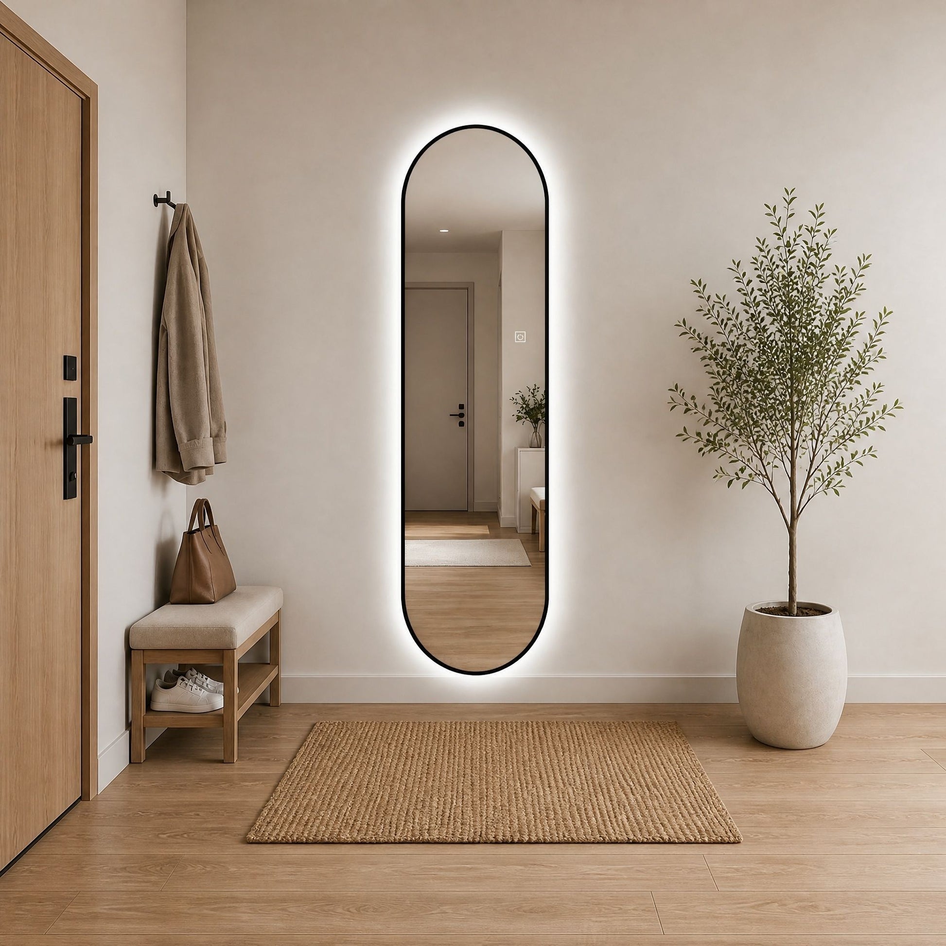 Capsule Shaped Dimmable LED Full Length Wall Mirror With Frame - Silver