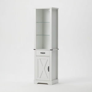 Pantry Cabinet With LED Lights And Barn Door With Tempered Glass Shelves - White