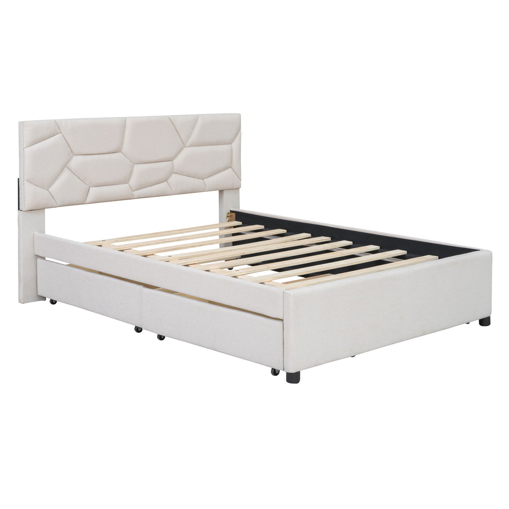 Upholstered Platform Bed With Brick Pattern Headboard And Twin Long Size Trundle